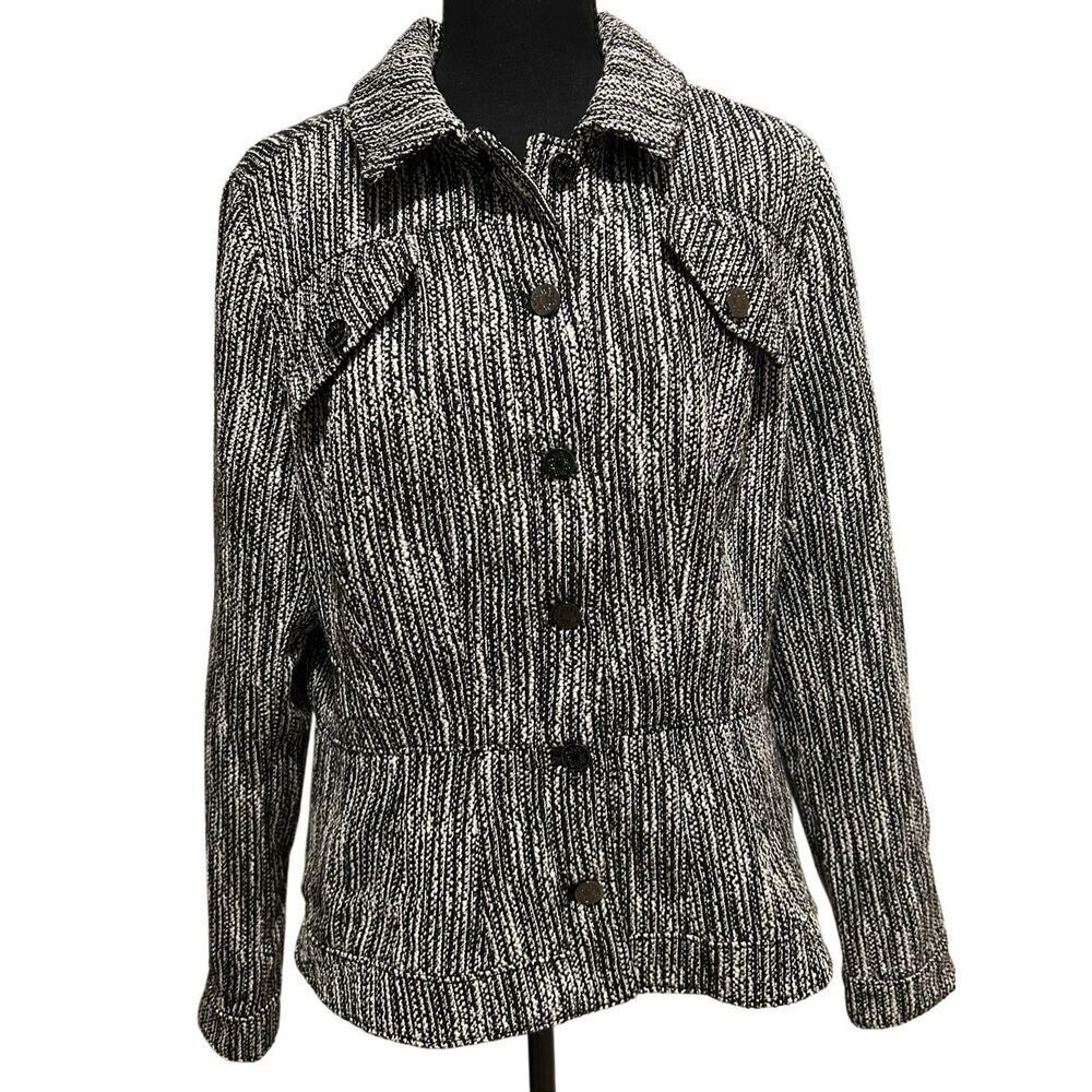 WHBM Black White Boucle Trucker Jacket Women’s Size Large Silver Bottons